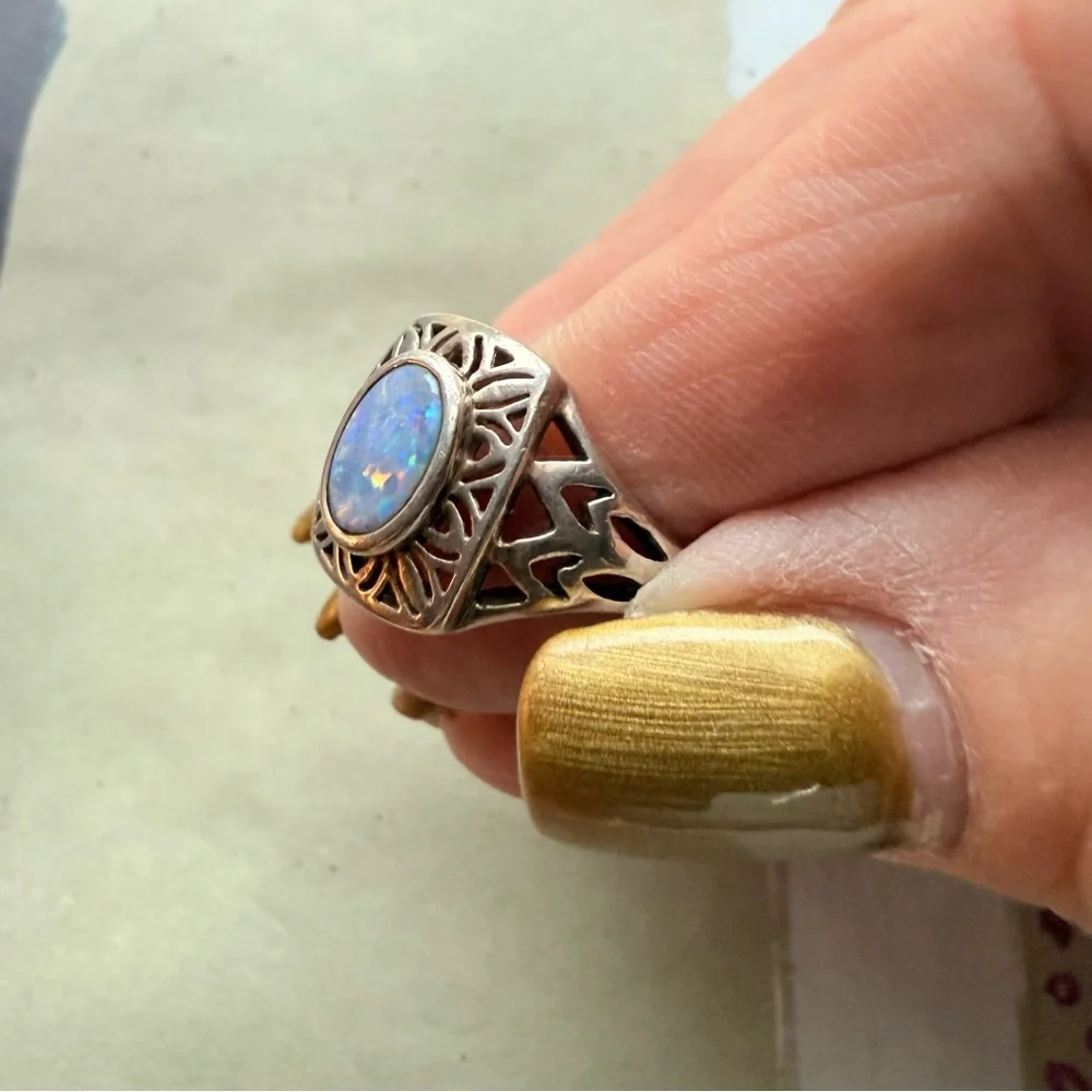 🌟 Sterling Silver Filigree Opal Ring – Size 5 🌟 - Picture 14 of 17